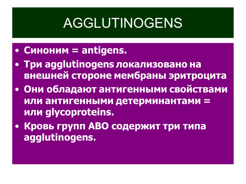 AGGLUTINOGENS Синоним = antigens. Три agglutinogens локализовано на внешней стороне мембраны эритроцита Они обладают